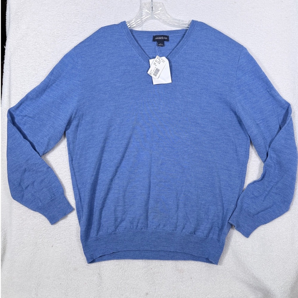 Vintage Lands End Mens Large Blue 100% Wool V-Neck Sweater Made in USA NWT 93718
